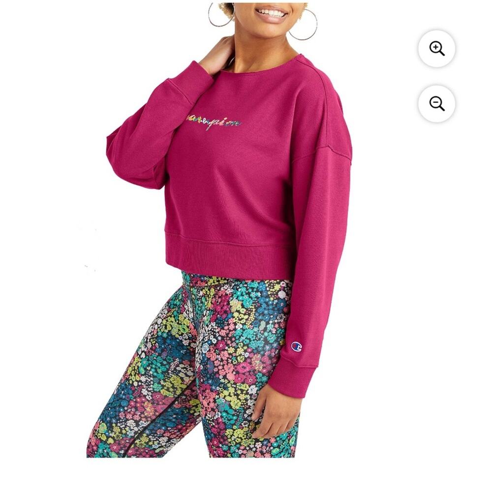 Champion Sweatshirt NWT French Terry Floral Logo Raw Neckline Pink Women’s L - Picture 4 of 6
